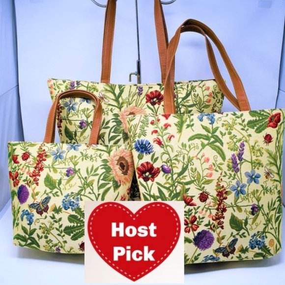 Tapestry 3 Piece Tote Bags Set - Floral Pattern with Ladybugs - Cream Color - Picture 1 of 2